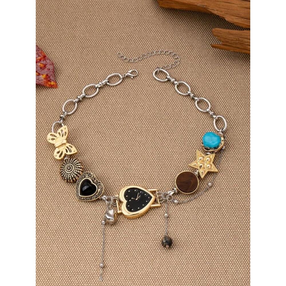 Black Heart Watch Charm Necklace Gold Silver Chunky Y2K Choker - Picture 3 of 6